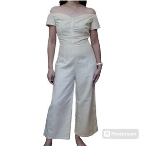 Etophe Linen Cotton Blend Cream Off-Shoulder WideLeg Jumpsuit Size S Petite Chic